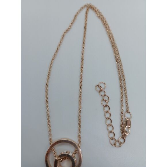 Rose Gold Heart Double Circle Rhinestone Pendant 16-18" Chain Necklace - Picture 5 of 6